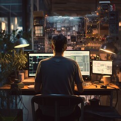 Fototapeta premium Man programmer or gamer or hacker with computer. Generative AI