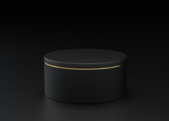 Full black podium pedestal with dark stuff for presentation. Elegant platform for promotional marketing discount and online shopping concept