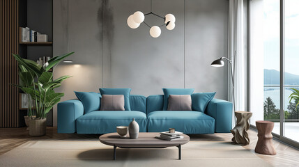 Interior of living room with blue sofa 3d rendering