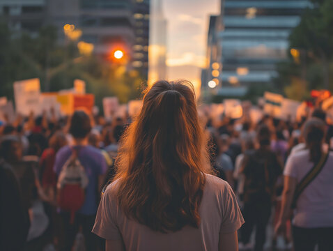 Woman Seen From Behind, Group Of People Protesting In The Street, Warm Weather