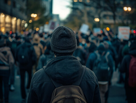 man with a beanie, seen from behind, group of people protesting in the street, cold weather, marching in