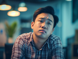 Obraz premium young asian man in his 20s or early 30s looking stressed, upset, worried, at work / office job
