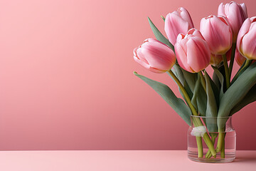 Pastel pink background featuring pink tulip blooms and copy space. AI Generative.