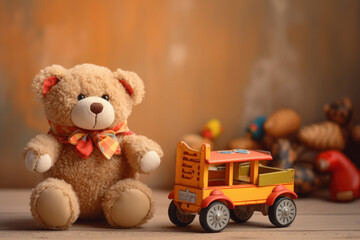 Joyful and charming display of teddy bears robots and wooden toys on a round pedestal set against a calm light orange background. The contrast adds a dynamic touch. AI generative.