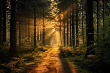 Fototapeta premium Bask in the tranquility of a lush park setting where green trees and sunbeams create a serene and calming atmosphere capturing the essence of nature's harmony. AI generative.