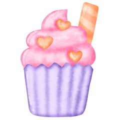 watercolor painting  pink cupcake .