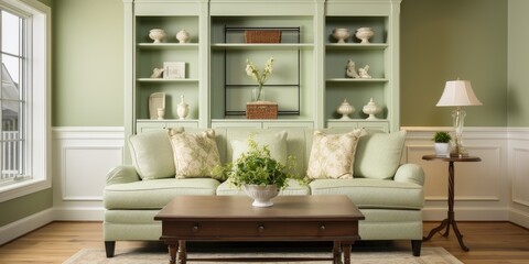 Elegant light green family room featuring antique cabinets and sofa.
