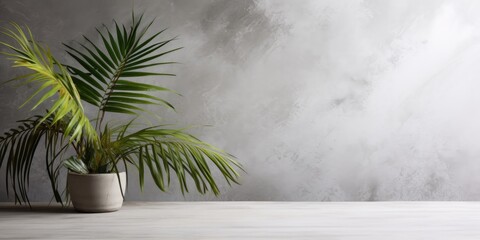 Product presentation backdrop featuring a polished raw concrete table with a shadow of palm leaves on a textured wall background. Ideal for display and mockup purposes.