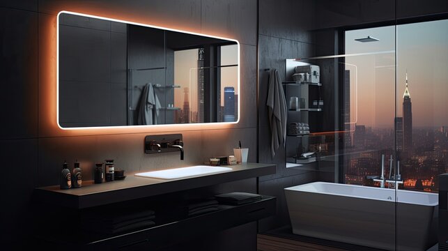 Smart bathroom mirrors with integrated led lighting solid color background