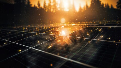 Solar energy panels on sunset background 3d rendering image double exposure