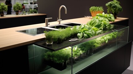 Smart kitchen countertops with built in herb gardens solid color background