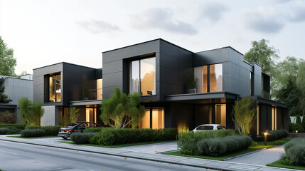 Fototapeta na wymiar Modern modular private black townhouses. Residential architecture exterior