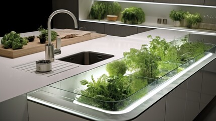 Smart kitchen countertops with built in herb gardens solid color background - obrazy, fototapety, plakaty