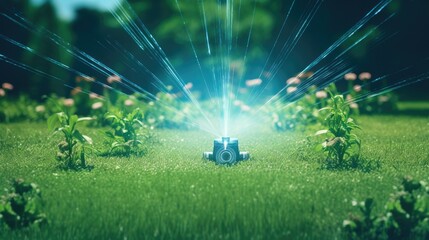 Smart lawn sprinklers for efficient watering solid color background - obrazy, fototapety, plakaty