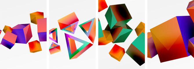 Flying 3d shapes, cubes and other geometric elements background design for wallpaper, business card, cover, poster, banner, brochure, header, website