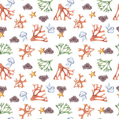 Watercolor seamless pattern of sea plants and starfish isolated on white. Seaweeds and coral hand drawn. Painted colorful algae print. Design element for textile, paper, packaging, marine collection