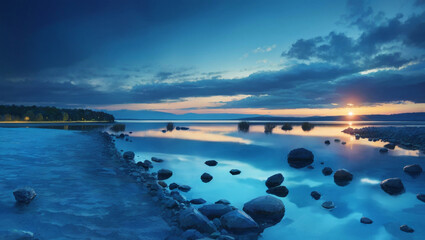 Landscape of a calm lake shore and sun rising behind it. Lake, Scenic, Shore