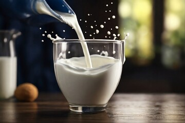 Pouring milk into a glass in ambient background.
