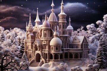 Gingerbread Castle in a Magical Snowfall, on an isolated Enchanted Purple background, Generative AI