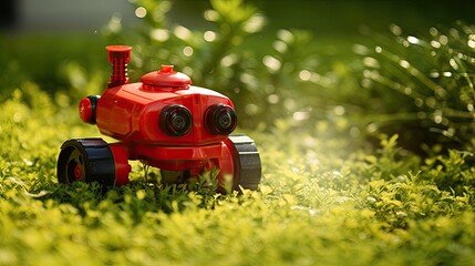 Voice activated robotic lawn sprinklers for efficient watering solid color background - obrazy, fototapety, plakaty