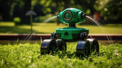 Voice activated robotic lawn sprinklers for efficient watering solid color background - obrazy, fototapety, plakaty