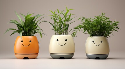 Voice controlled robotic planters with aroma diffusion solid color background - obrazy, fototapety, plakaty