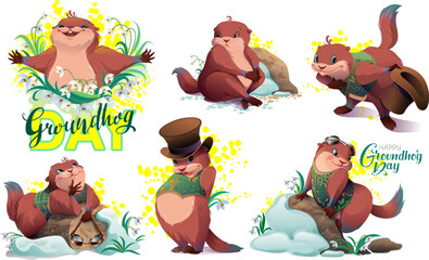 Groundhog day set illustration for greeting card. Marmot weather forecaster