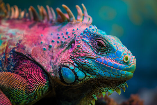 Close-up of an aquatic iguana covered in vibrant coral paint, with beady black eyes, dappled underwater light, iridescent color palette