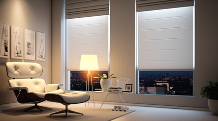Voice controlled robotic window shades with privacy settings solid color background