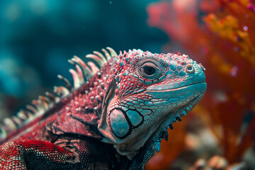 Fototapeta premium Close-up of an aquatic iguana covered in vibrant coral paint, with beady black eyes, dappled underwater light, iridescent color palette