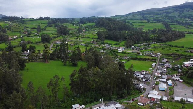 Andean agricultural farming landscape Barrio Guitig village  Ecuador AERIAL
