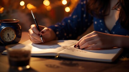 writing and notebook for working at night on creative ideas, strategy or schedule at a desk. Closeup of entrepreneur woman with pen and notes for planning, information or goals for a project - obrazy, fototapety, plakaty