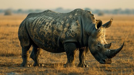 Fototapeta premium Dusty Rhino in a Dry Savannah. A rugged rhinoceros, skin caked with dry, cracked mud, standing stoically in the expansive savannah landscape.