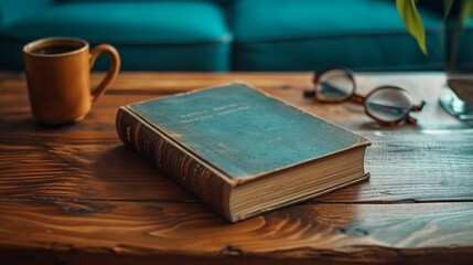 Elegant book cover, displayed on a wooden table with a coffee cup and reading glasses beside it.