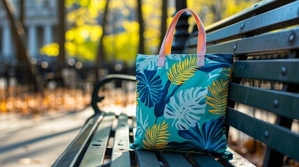 Eco-friendly tote bag with a vibrant print, casually slung over a park bench in an urban environment.