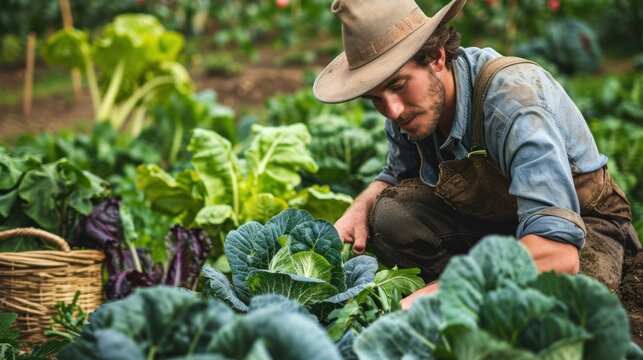 man farmer with fresh vegetables, cabbage harvest, natural selection, organic, harvest season, agricultural business owner, young smart framing, healthy lifestyle, farm and garden direct, non toxic