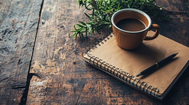 goals list with notebook, coffee cup, plant on wooden table. Resolutions, plan, goals, action, checklist, idea, notebook, wood, book, paper, nature, desk, business, spring, summer