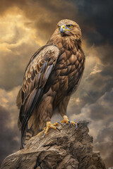 Close-up shot of a majestic eagle with piercing golden eyes, perched on a mountain cliff, set against a stormy sky