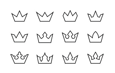 crowns. King crown sketches, majestic tiara, king and queen royal diadems line icons set, editable stroke isolated on white, linear vector outline illustration, symbol logo design style