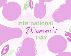 International Women's Day vector banner. Embrace Equity. 8 march, #EmbraceEquity. Diverse Women silhouettes and leaves in square.