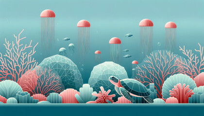 Background with muted coral and teal colors, showcasing geometric coral reefs and simplistic turtle and jellyfish.