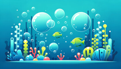 Background illustration featuring bright blues and greens in a flat design style. Cartoon Underwater Scene with Fish and Bubbles.
