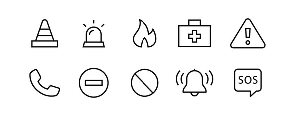 Emergency icon set. Containing ambulance, lifebuoy, first aid, police, medical, emergency exit, hospital and SOS line icons set, editable stroke isolated on white, linear vector outline illustration