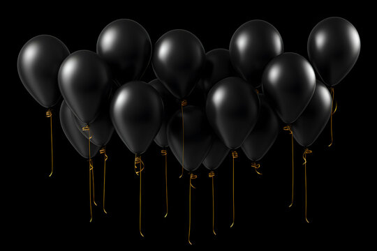 Black helium ballons on a black background. Black Friday. Celebration or fashion concept