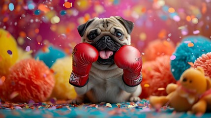 Cute pug dog boxer in boxing gloves fighting at boxing match, colorful confetti background. Creative animal funny pet sportsman in costume, commercial editorial advertisement surreal illustration.