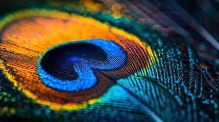 Fototapeta premium Neatly arranged patterns of a peacock feather, with eyespots and vivid colors.