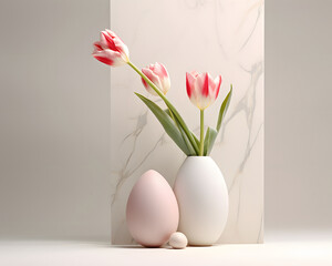 A 3d graphic of tulips and a white egg with some tulip bulbs on a marble
