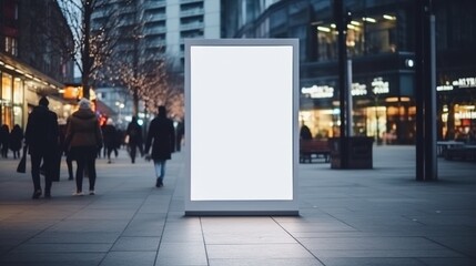Mockup of a blank and clean screen or signboard displayed in a public area, with people walking in the background.