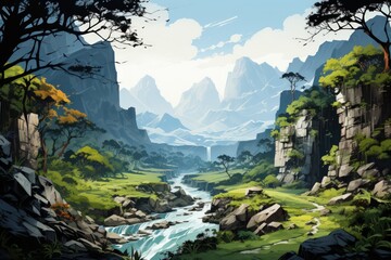 A majestic waterfall cascading down a rocky cliff in an illustration