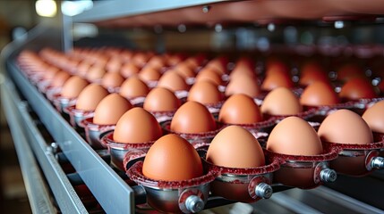 Egg factory industry poultry conveyor production. Chicken eggs move along a conveyor in a poultry farm. Food industry concept, chicken egg production, Generative AI